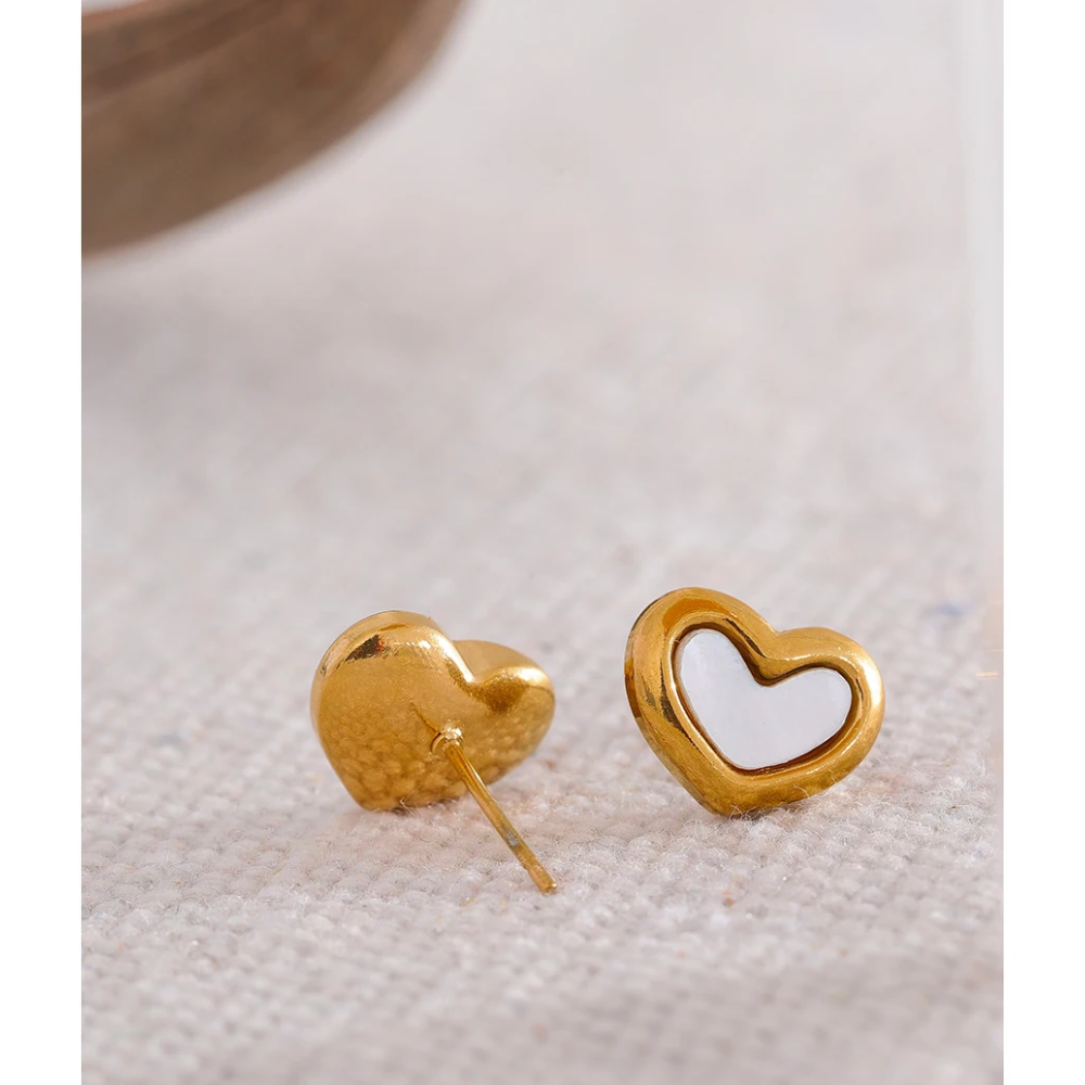 Water-Resistant 18K Gold Plated Stud Earrings with Shell Heart