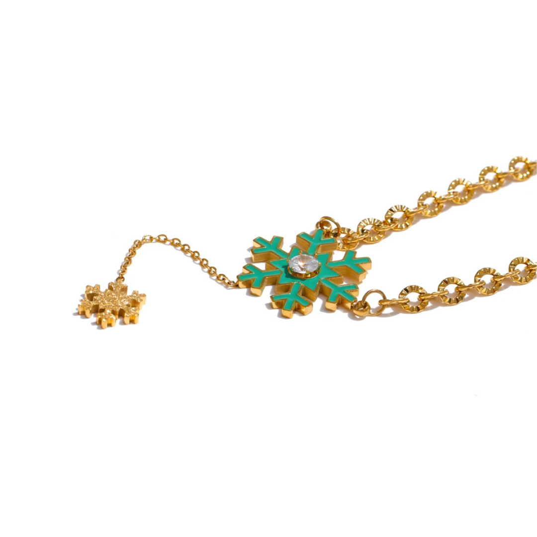 18K Gold Plated Green Enamel Snowflake Necklace