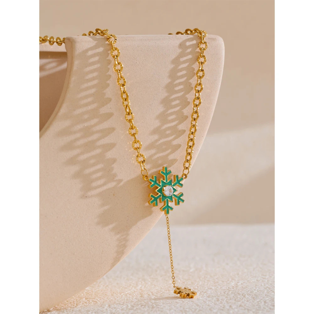 18K Gold Plated Green Enamel Snowflake Necklace