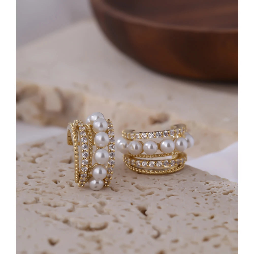 Water-Resistant 18K Gold Plated Statement Hoop Earrings with Pearls and Diamonds