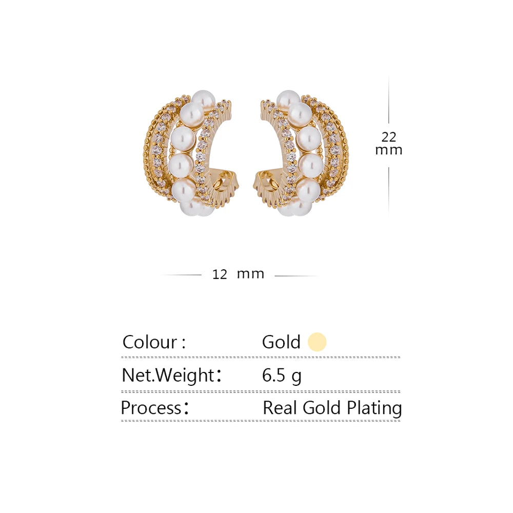 Water-Resistant 18K Gold Plated Statement Hoop Earrings with Pearls and Diamonds