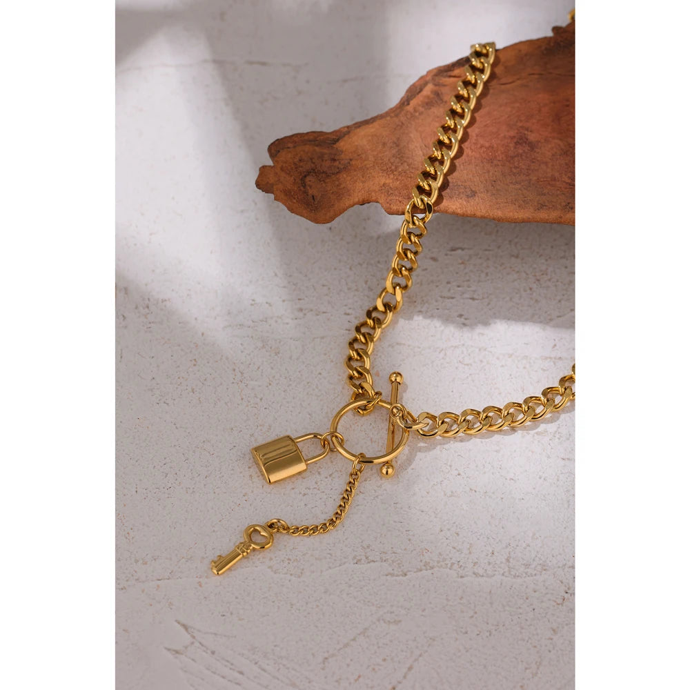 Water-Resistant 18K Gold Plated Punk Necklace with Lock Pendant