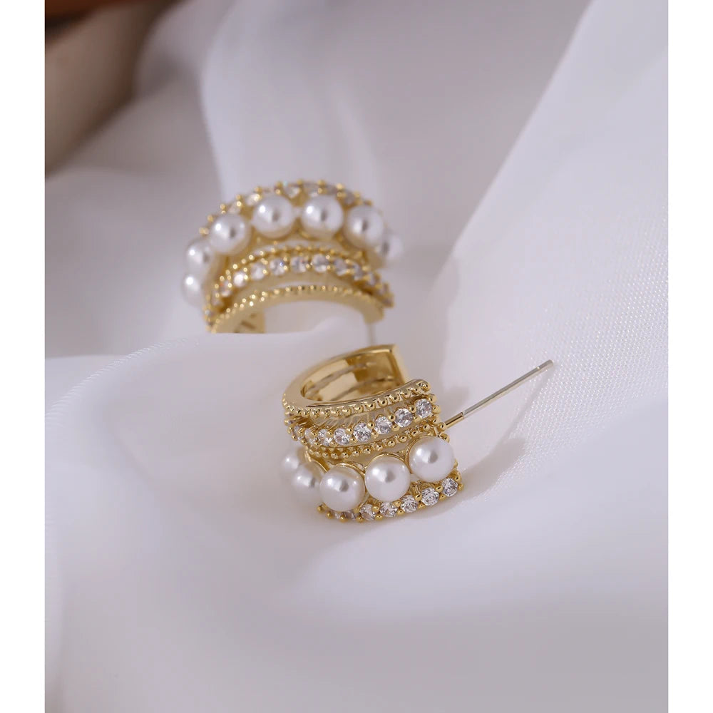 Water-Resistant 18K Gold Plated Statement Hoop Earrings with Pearls and Diamonds