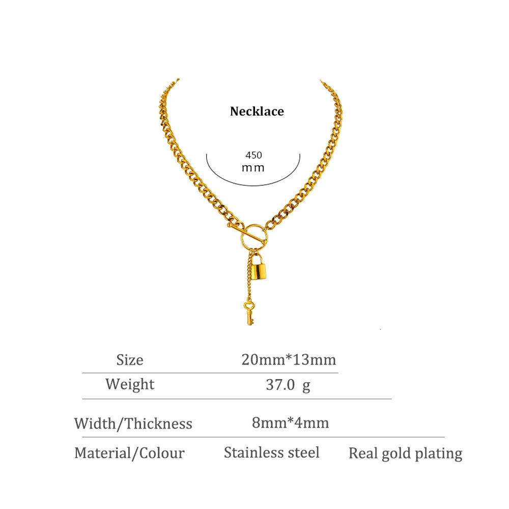 Water-Resistant 18K Gold Plated Punk Necklace with Lock Pendant