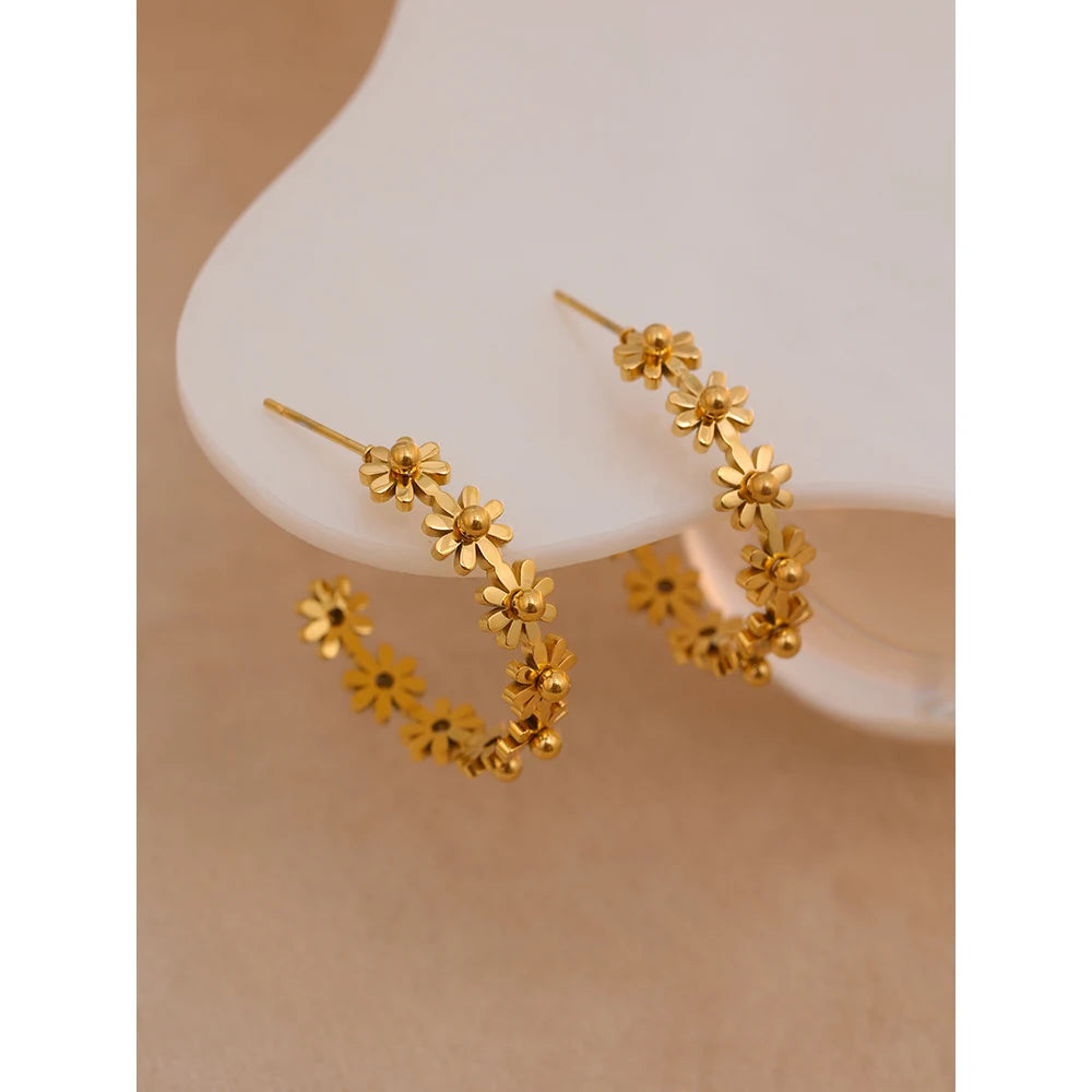 Water-Resistant 18K Gold Plated Hoop Earrings with Tiny Daisies