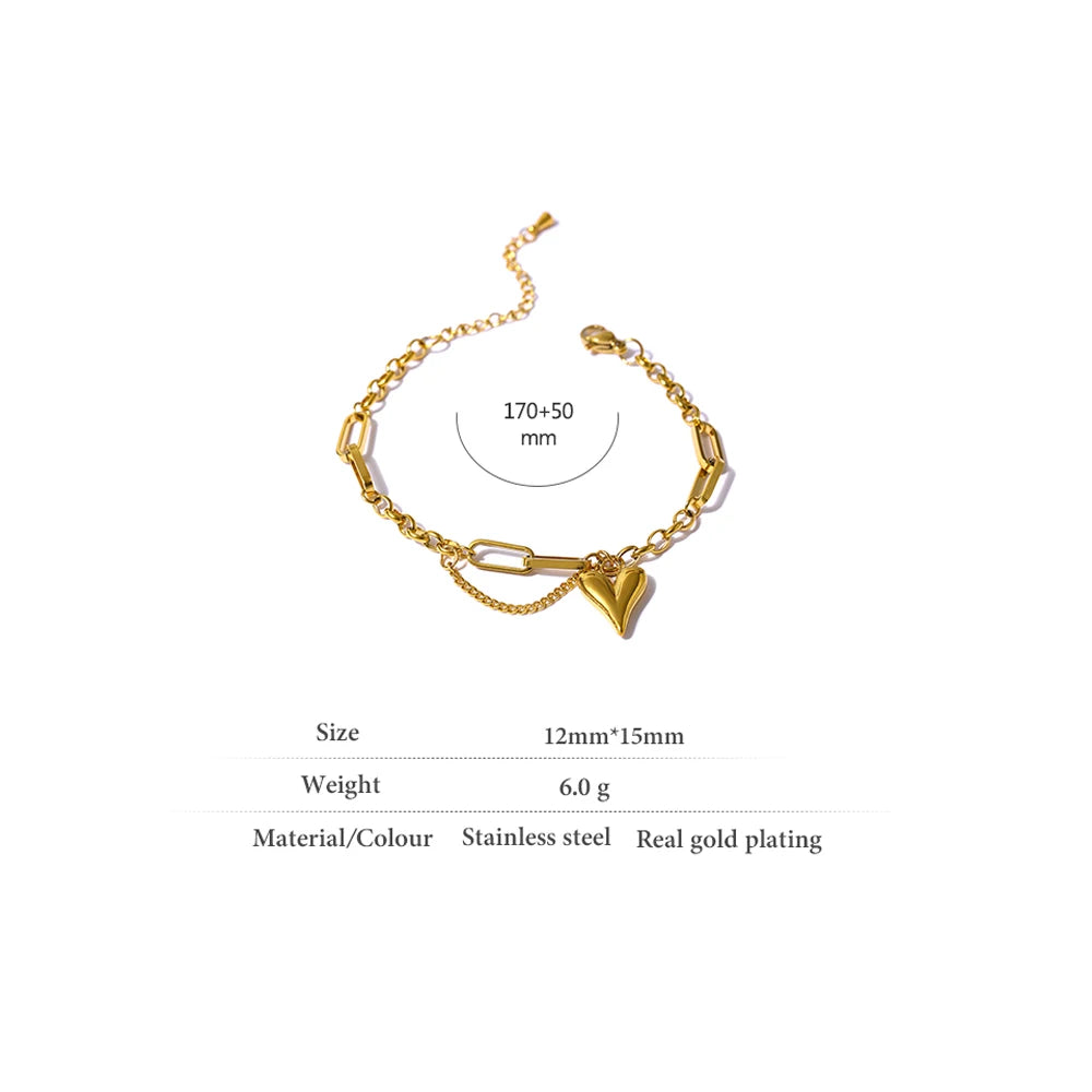 Water-Resistant 18K Gold Plated Punk Bracelet with Heart Pendant