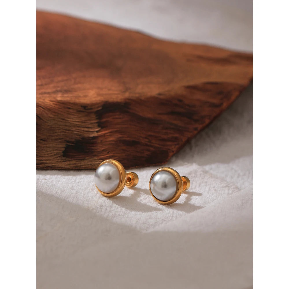 Water-Resistant 18K Gold Plated Stud Earrings with Simulated Pearls