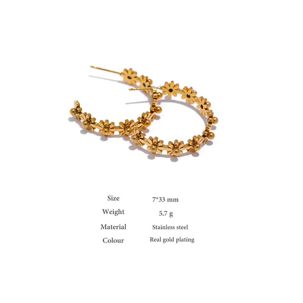 Water-Resistant 18K Gold Plated Hoop Earrings with Tiny Daisies