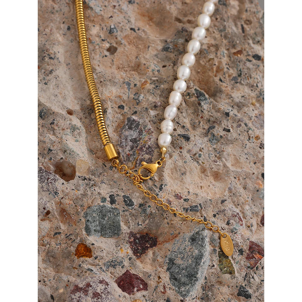 Water-Resistant 18K Gold Plated Necklace Adorned with Freshwater Pearls