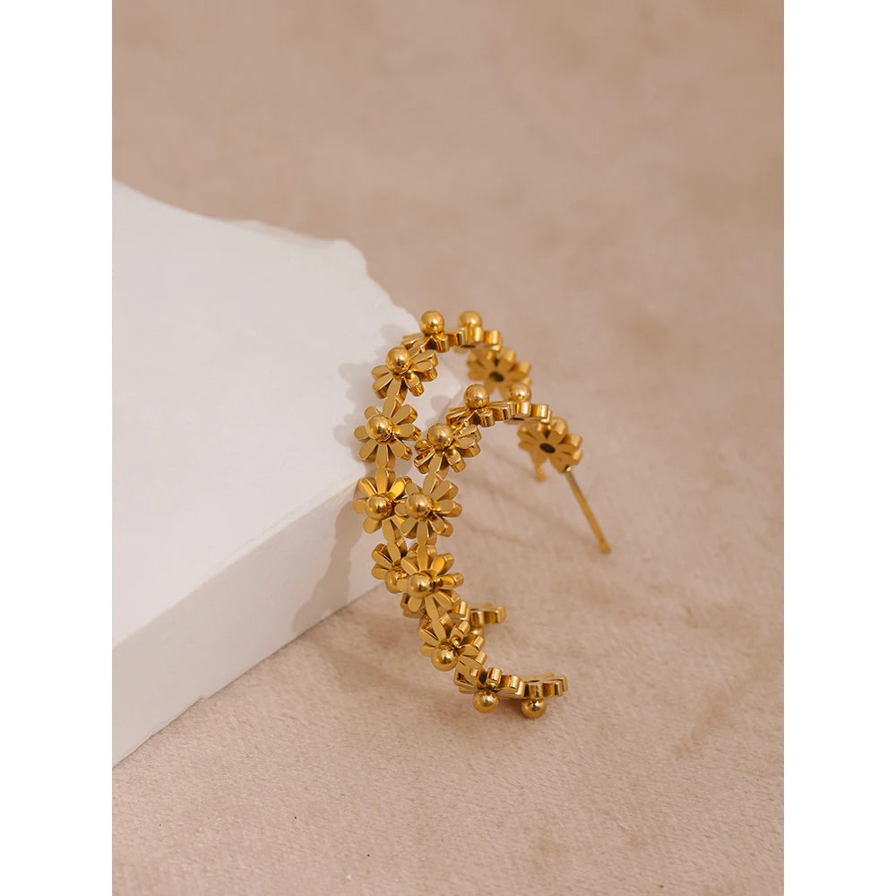 Water-Resistant 18K Gold Plated Hoop Earrings with Tiny Daisies