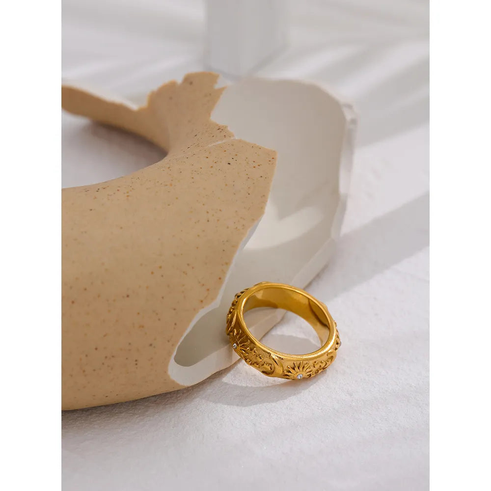 Water-Resistant 18K Gold Plated Celestial Ring with Diamond