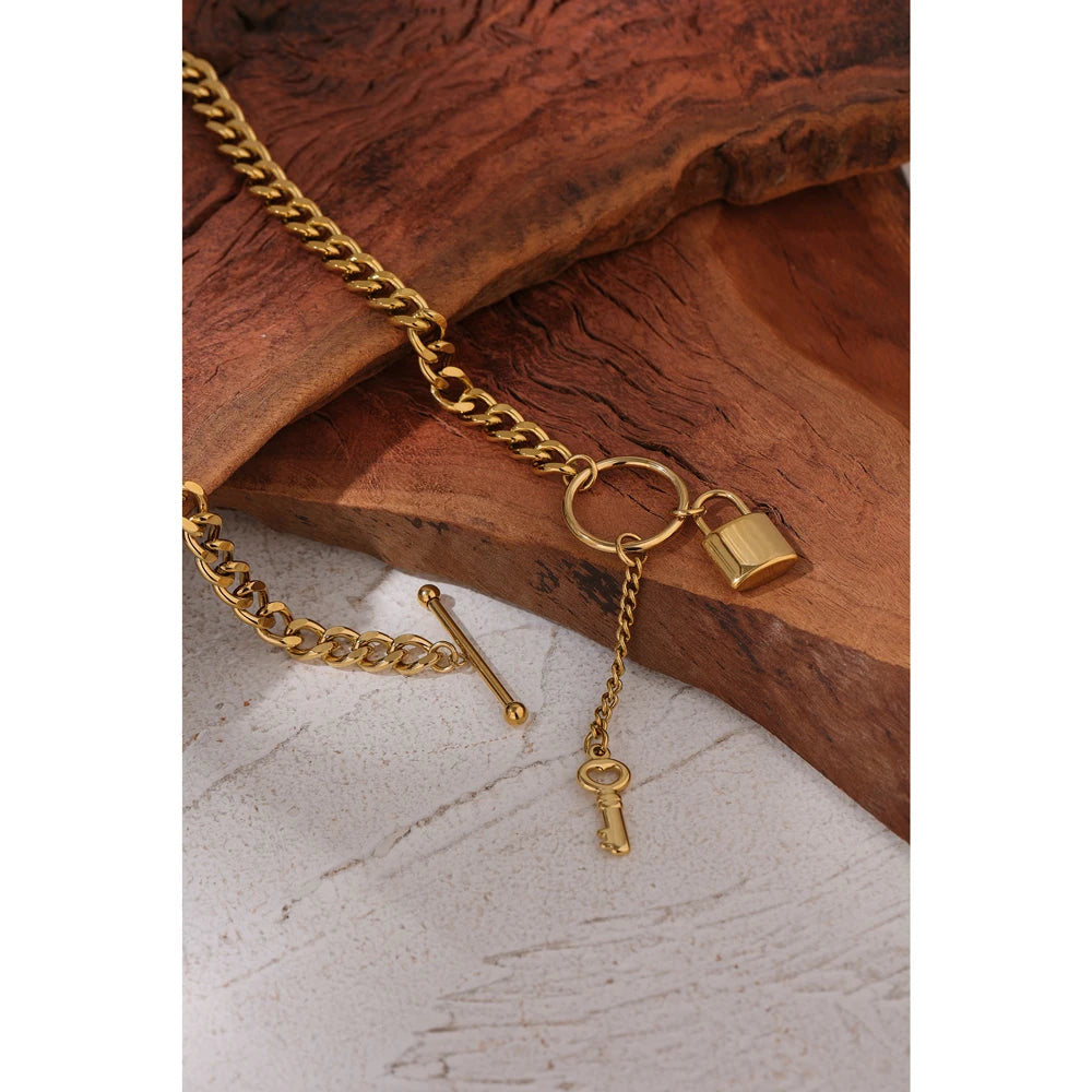 Water-Resistant 18K Gold Plated Punk Necklace with Lock Pendant