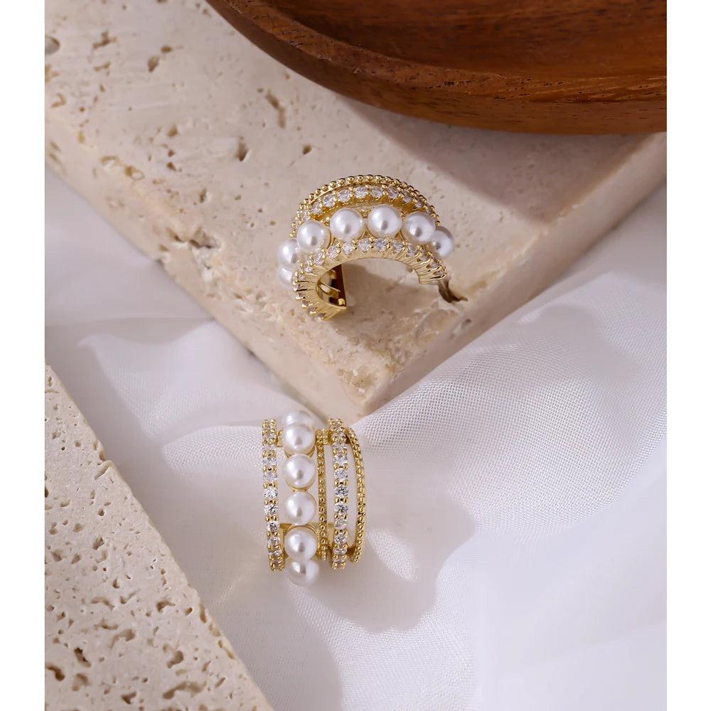 Water-Resistant 18K Gold Plated Statement Hoop Earrings with Pearls and Diamonds