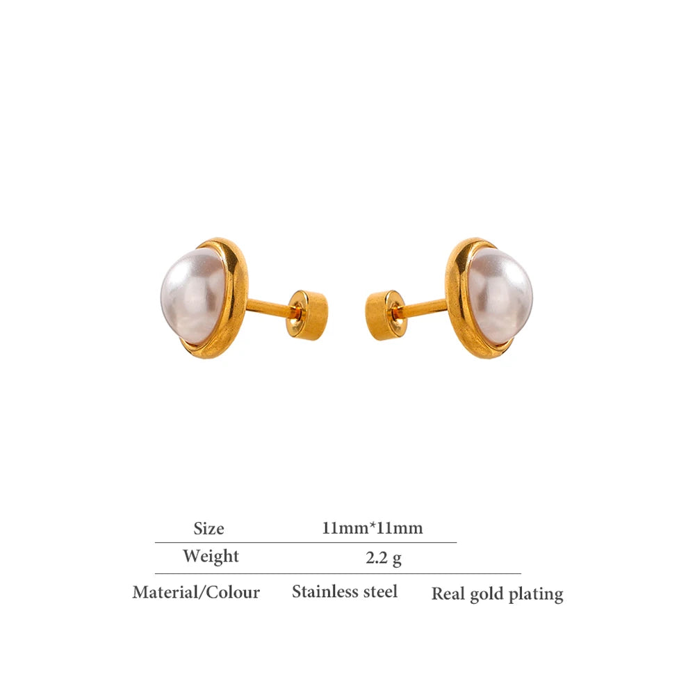 Water-Resistant 18K Gold Plated Stud Earrings with Simulated Pearls