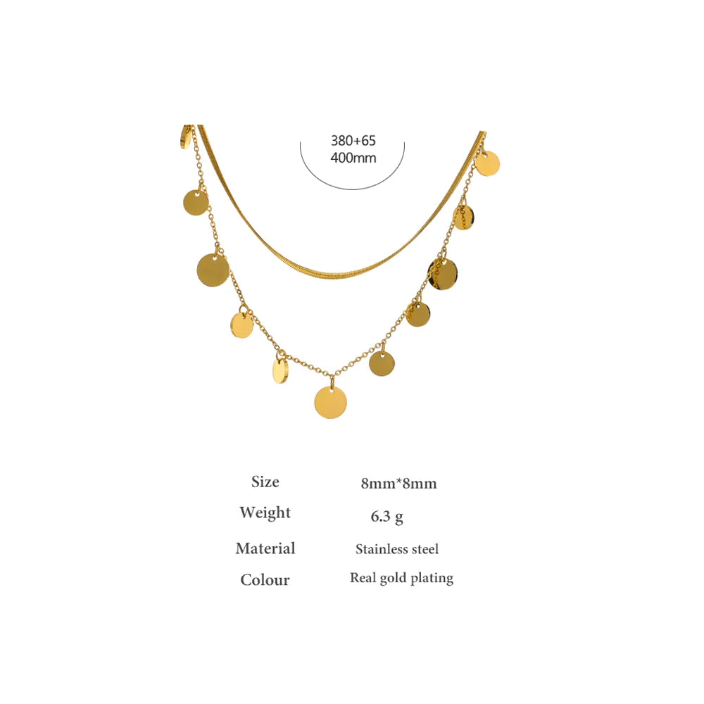 Water-Resistant 18K Gold Plated Double Layers Necklace with Coin Charms