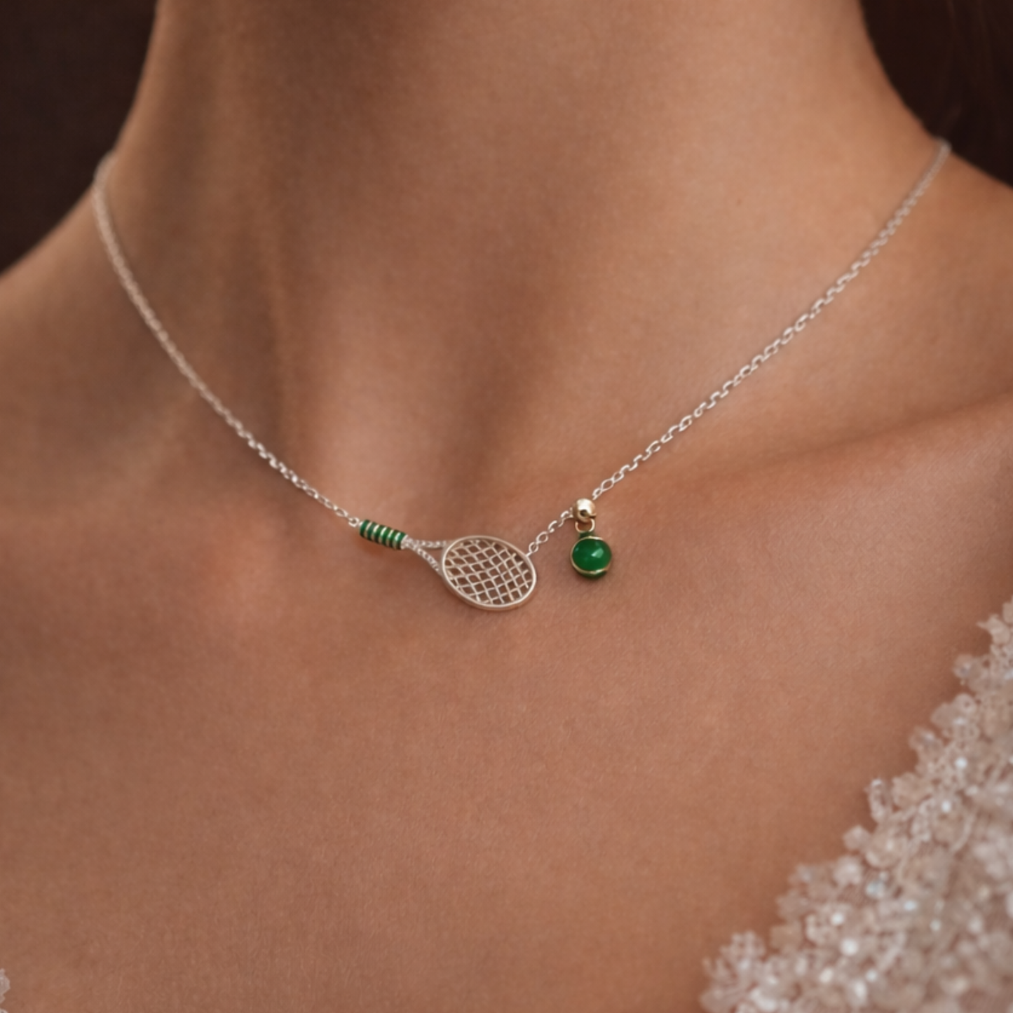 Platinum-Bonded 925 Sterling Silver Tennis Racket & Adjustable Ball Necklace