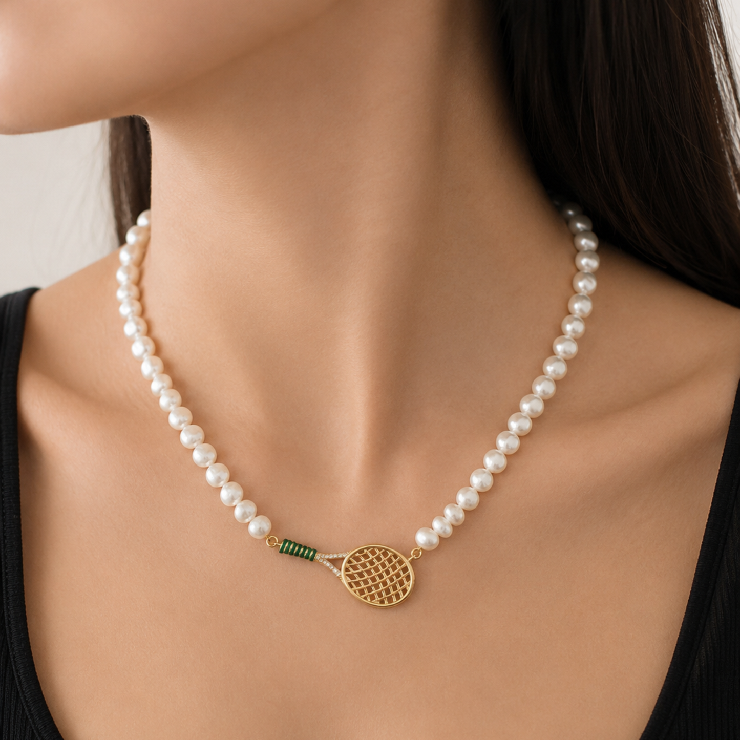 Pearl Tennis Racket Necklace – 18K Gold Plated Sterling Silver