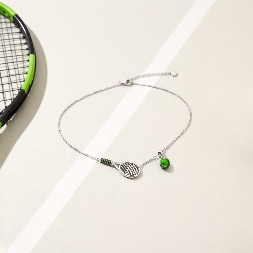 Platinum-Bonded 925 Sterling Silver Tennis Racket & Adjustable Ball Necklace