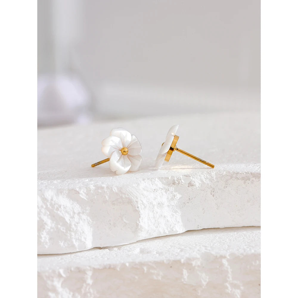 Water-Resistant White Sakura Stud Earrings Made from Natural Shell