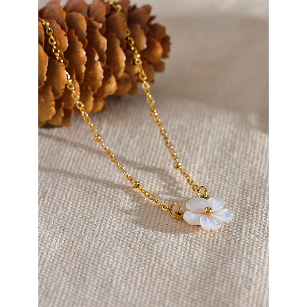 Water-Resistant 18K Gold Plated Necklace with White Sakura Pendant