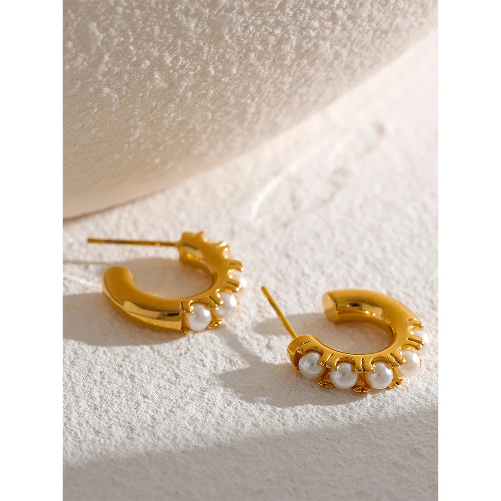 Water-Resistant 18K Gold Plated Hoop Earrings with Simulated Pearls