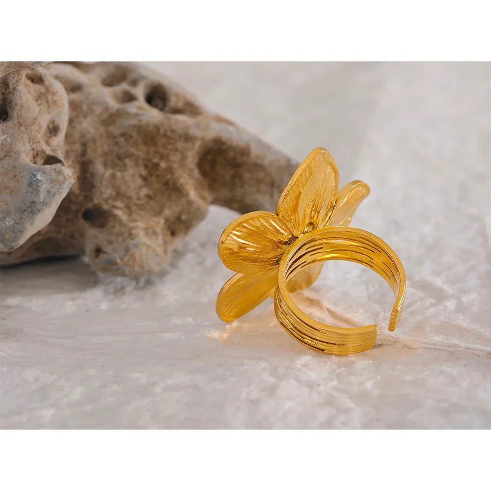 Water-Resistant 18K Gold Plated Adjustable Statement Flower Ring