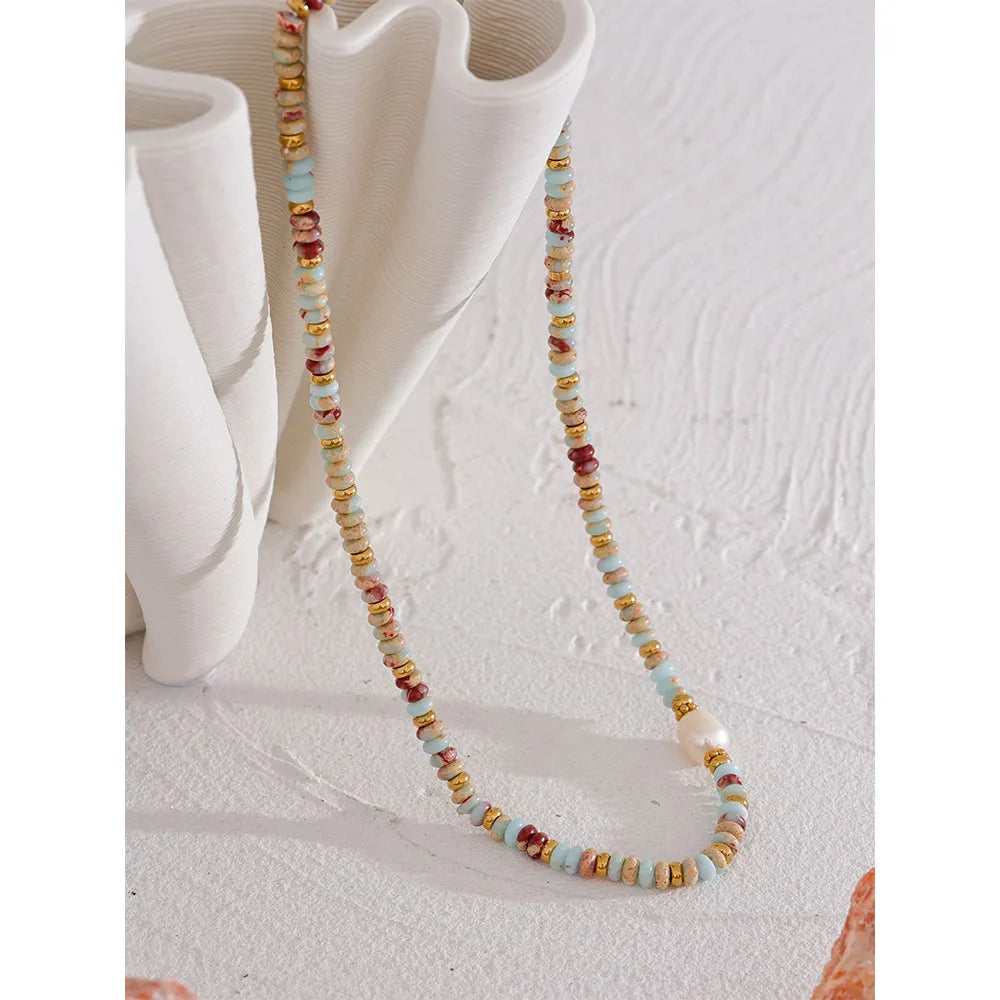 Choker with Natural Stone Beads and Freshwater Pearls