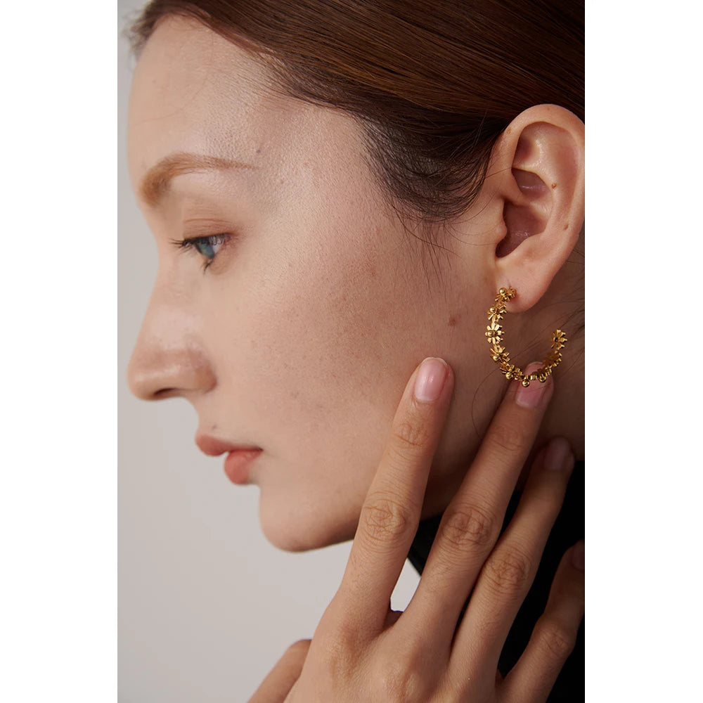 Water-Resistant 18K Gold Plated Hoop Earrings with Tiny Daisies