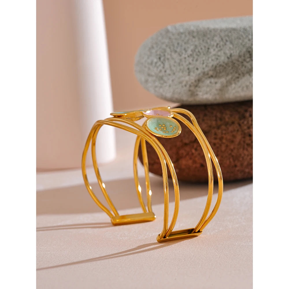 Water-Resistant 18K Gold Plated Statement Enamel Cuff Bangle