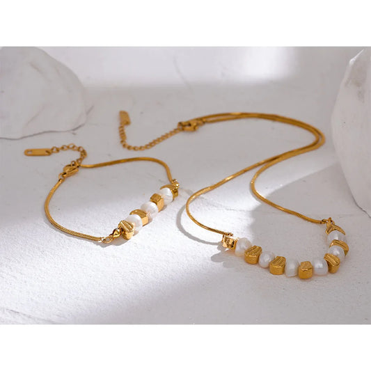 Water-Resistant 18K Gold Plated Necklace and Matched Bracelet with Freshwater Pearls