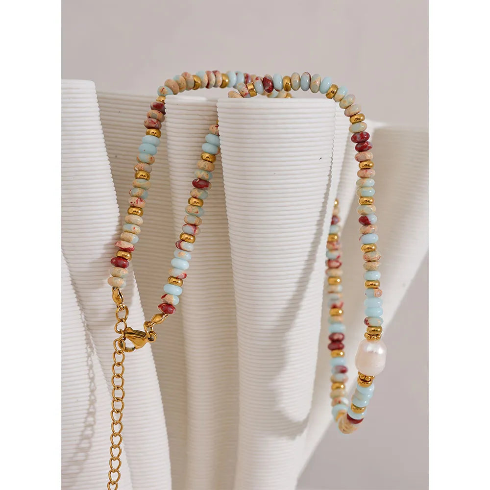 Choker with Natural Stone Beads and Freshwater Pearls