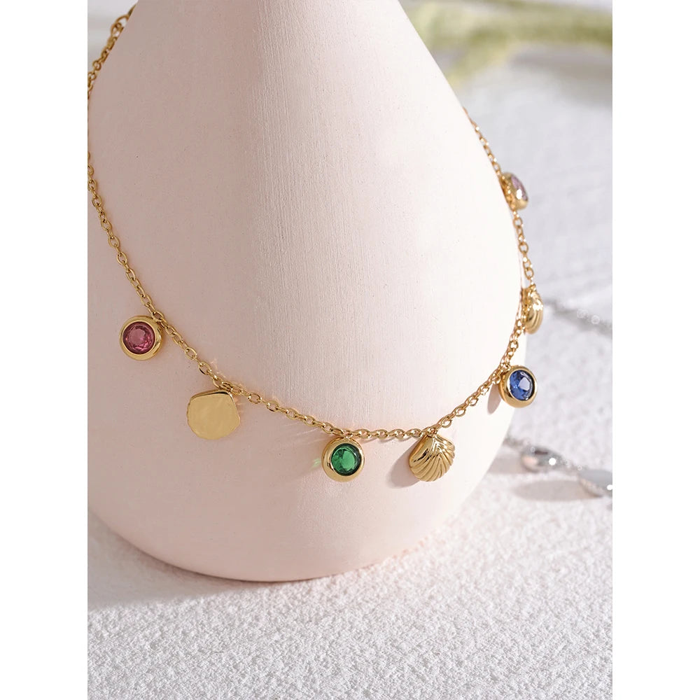 Water-Resistant 18K Gold Plated Anklet with Diamonds and Shells