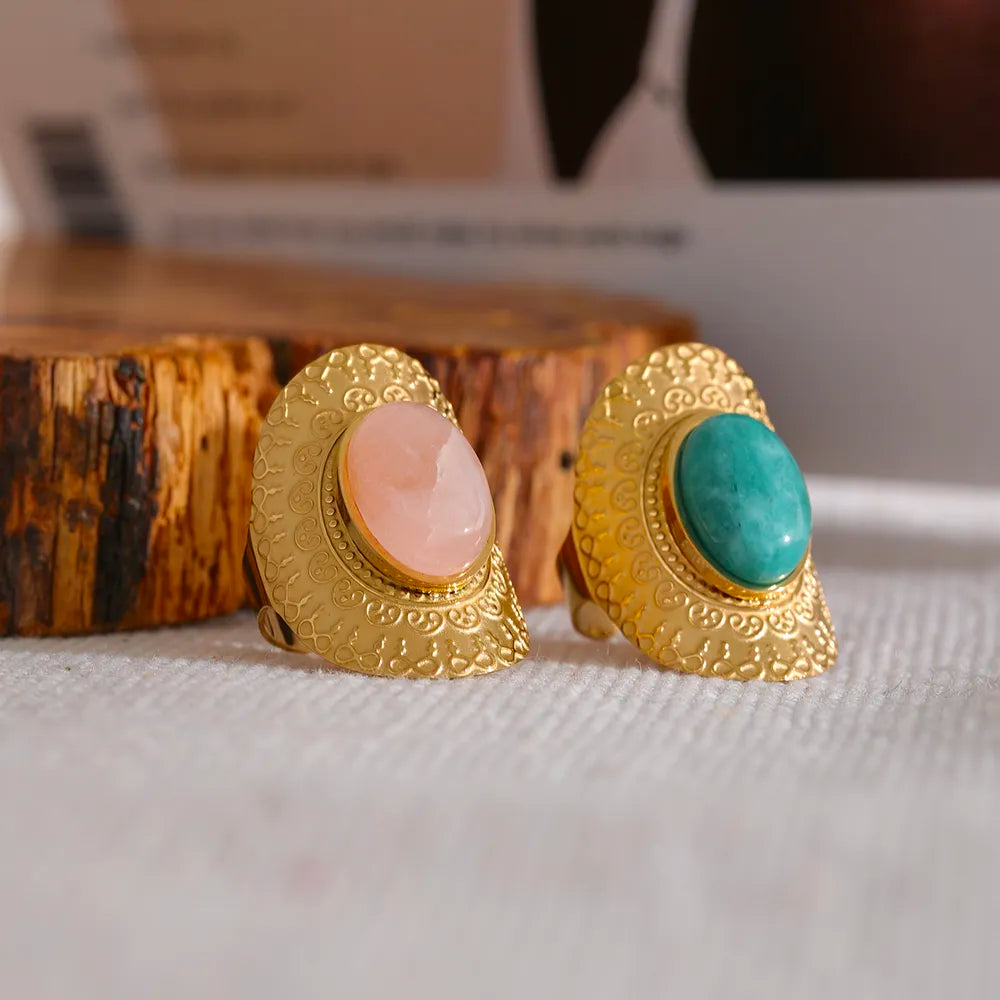 Water-Resistant 18K Gold Plated Ajustable Ring with Natural Stone