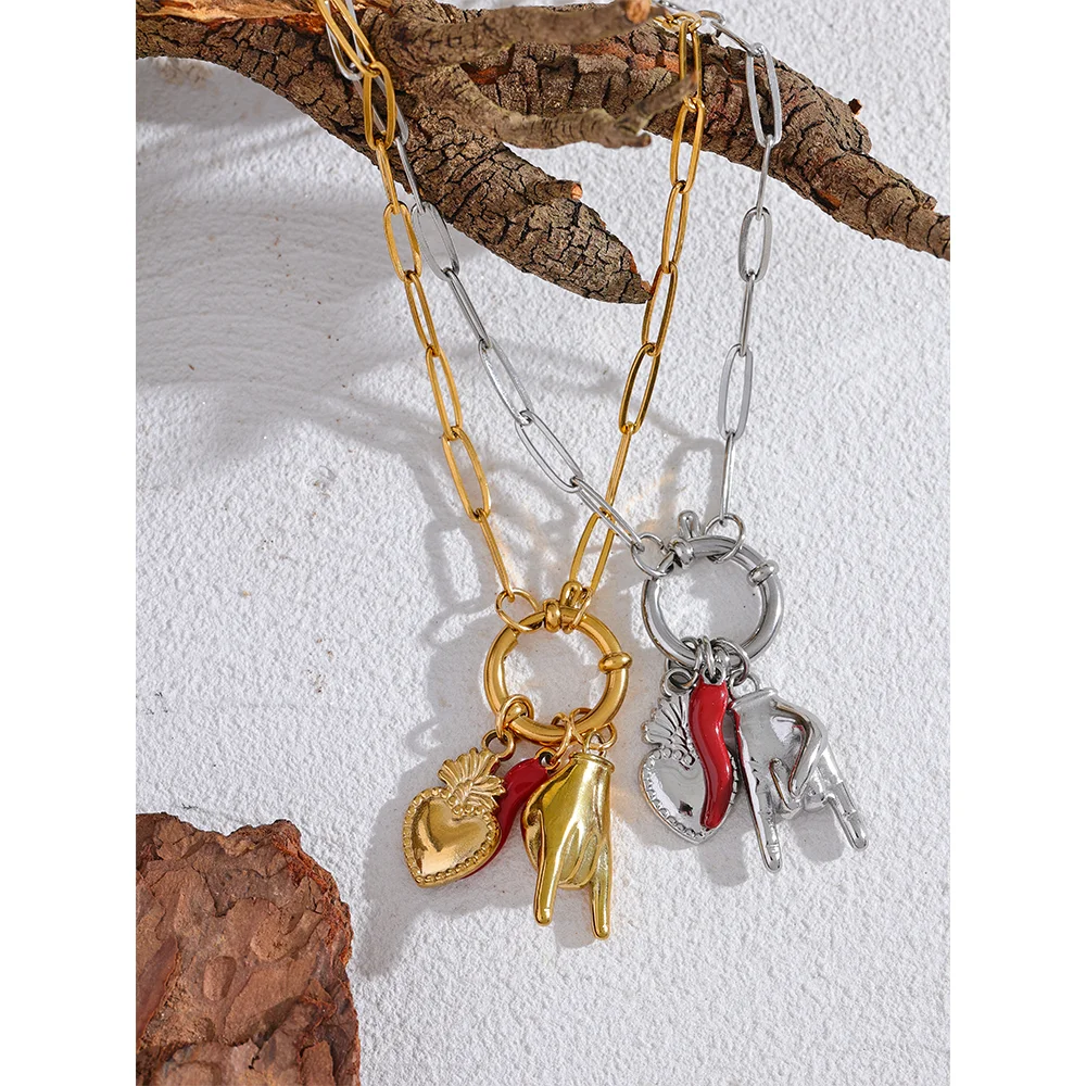 Water-Resistant 18K Gold Plated Rock 'n' Roll Necklace and Matched Bracelet with Trio Charms