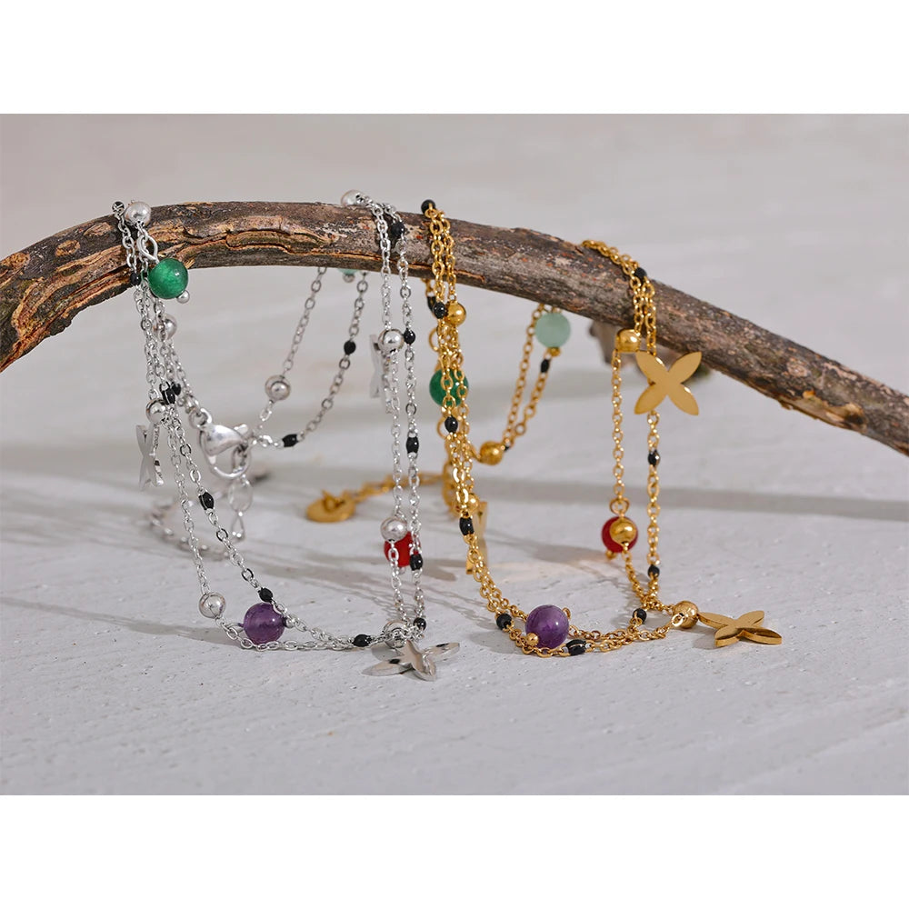 Water-Resistant 18K Gold Plated Anklet with Nature Stones