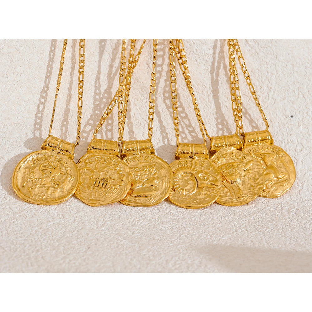 Water-Resistant 18K Gold Plated Vintage Necklace with Stellar Constellation Coin