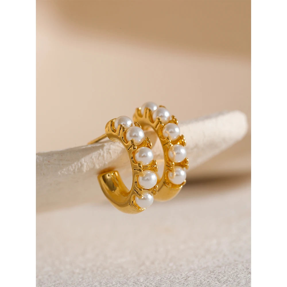 Water-Resistant 18K Gold Plated Hoop Earrings with Simulated Pearls