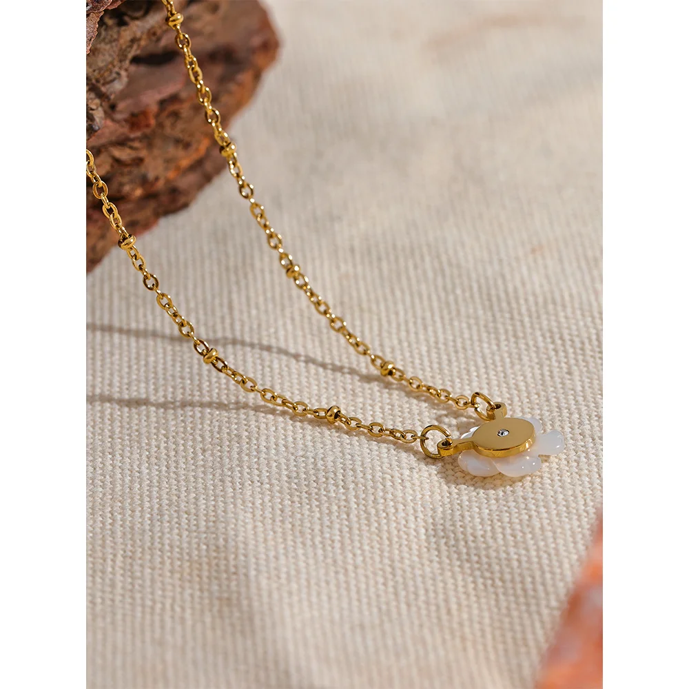 Water-Resistant 18K Gold Plated Necklace with White Sakura Pendant