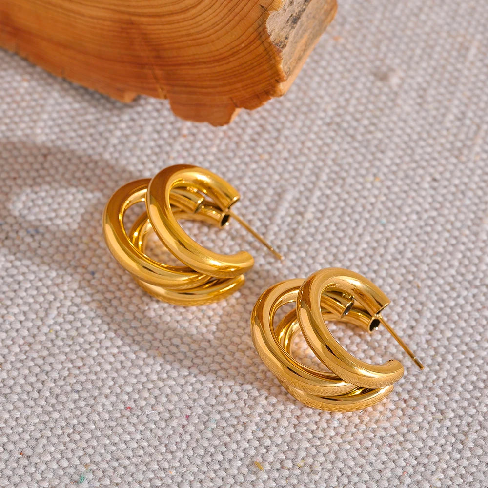 Water-Resistant 18K Gold Plated Triple Luxe Huggie Earrings