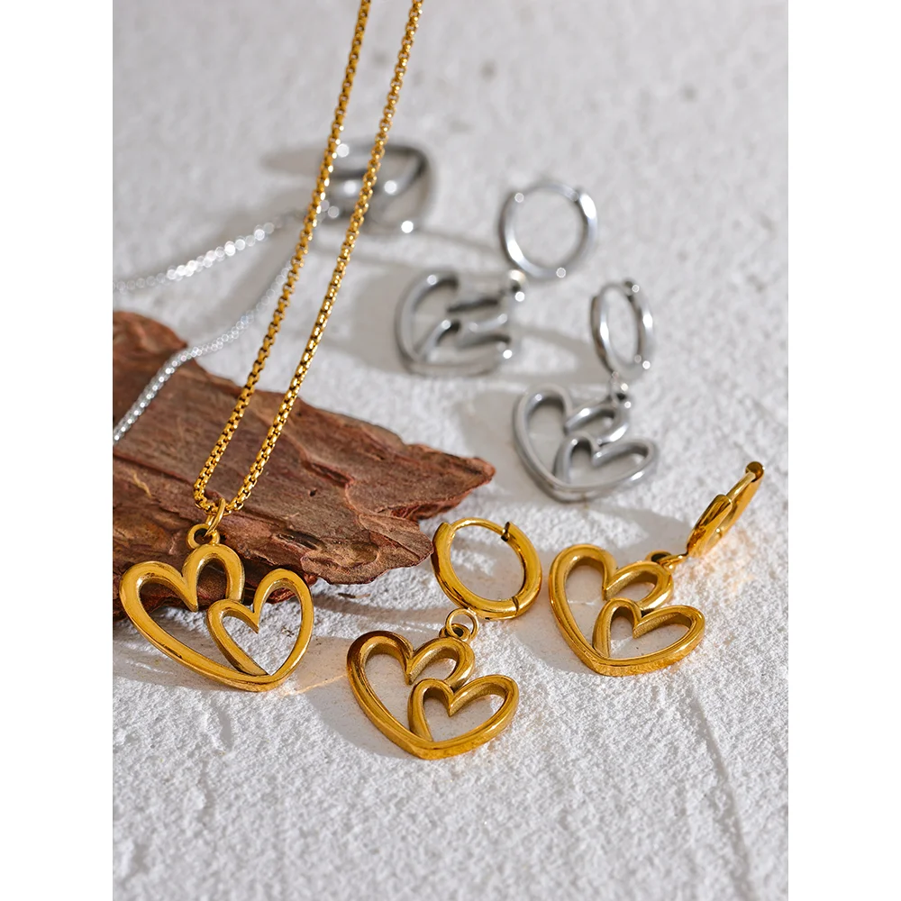 Water-Resistant 18K Gold Plated Necklace and Matched Hoop Earrings Featuring Heart Pendant