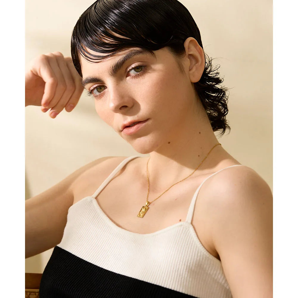 Water-Resistant 18K Gold Plated Necklace and Matched Hoop Earrings with Goddess Sculpture