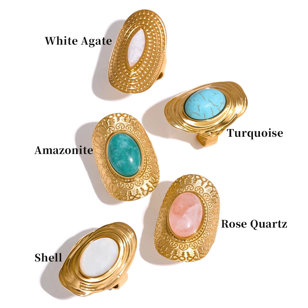 Water-Resistant 18K Gold Plated Ajustable Ring with Natural Stone