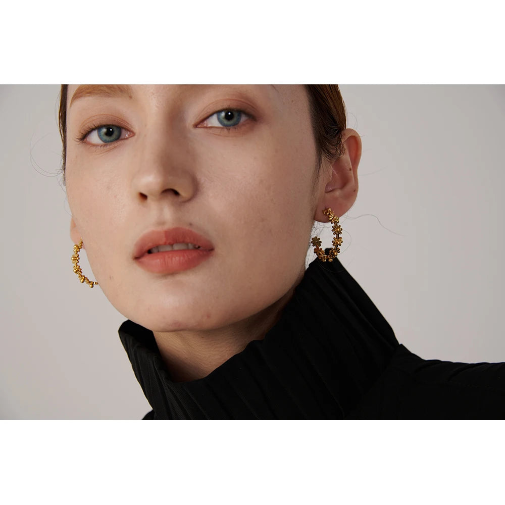 Water-Resistant 18K Gold Plated Hoop Earrings with Tiny Daisies