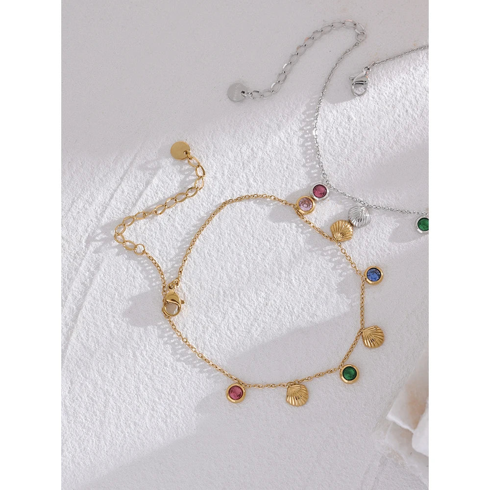 Water-Resistant 18K Gold Plated Anklet with Diamonds and Shells