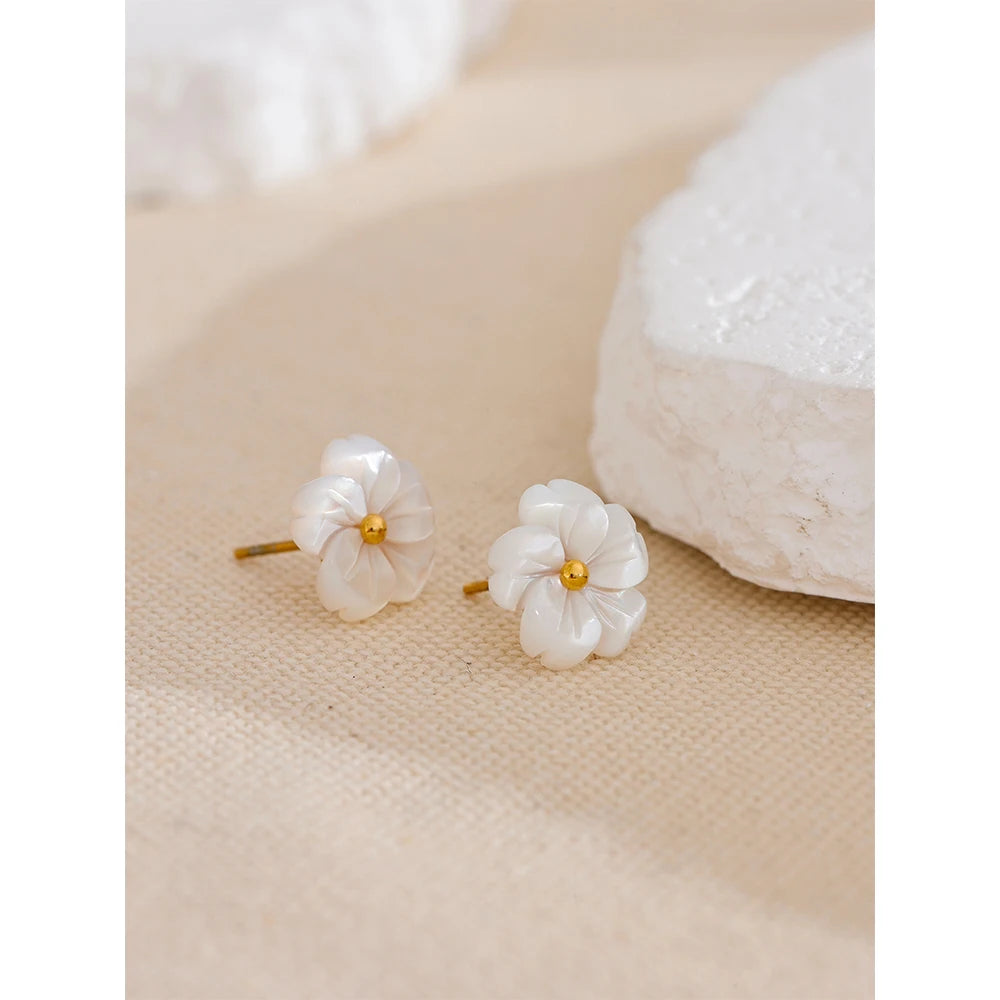 Water-Resistant White Sakura Stud Earrings Made from Natural Shell