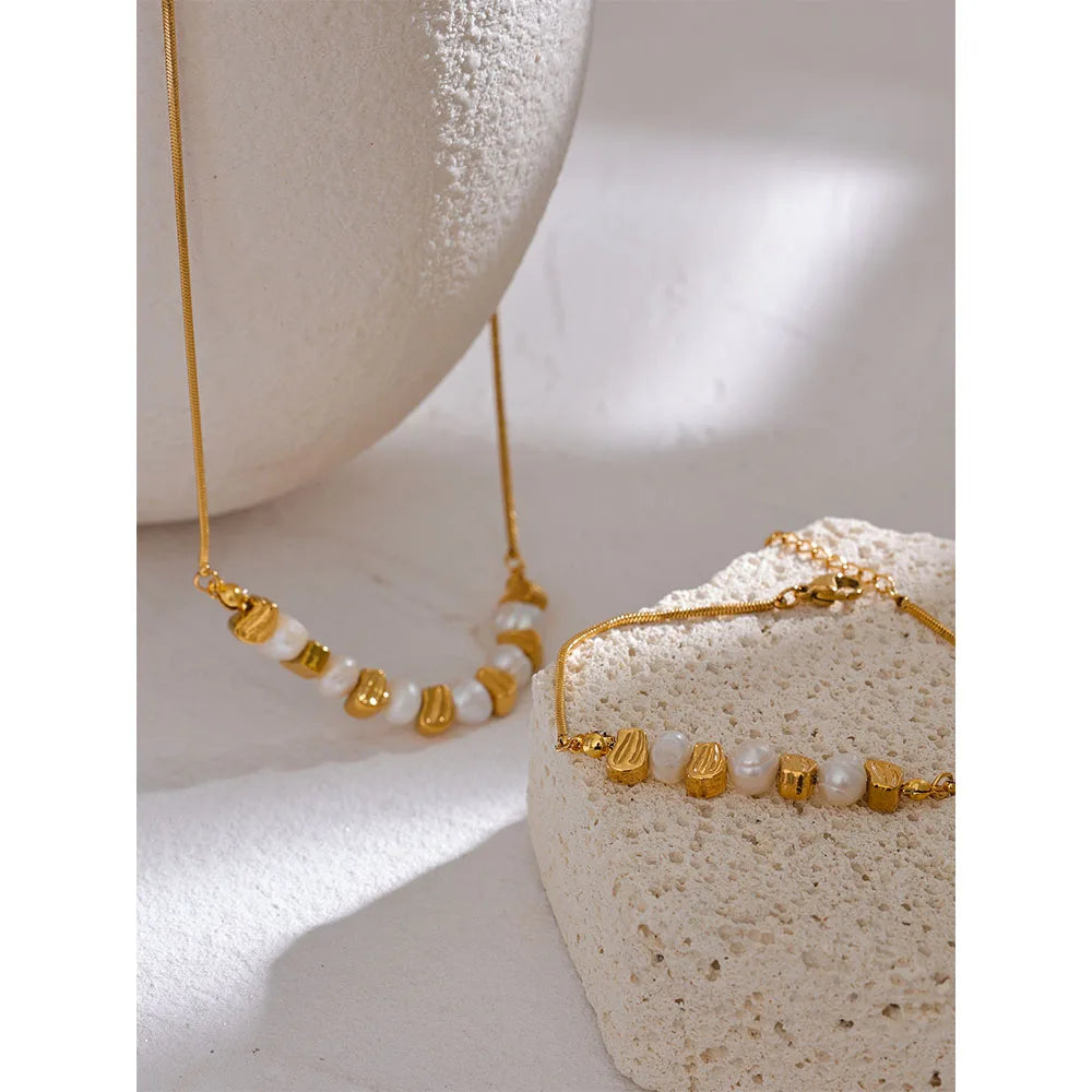 Water-Resistant 18K Gold Plated Necklace and Matched Bracelet with Freshwater Pearls