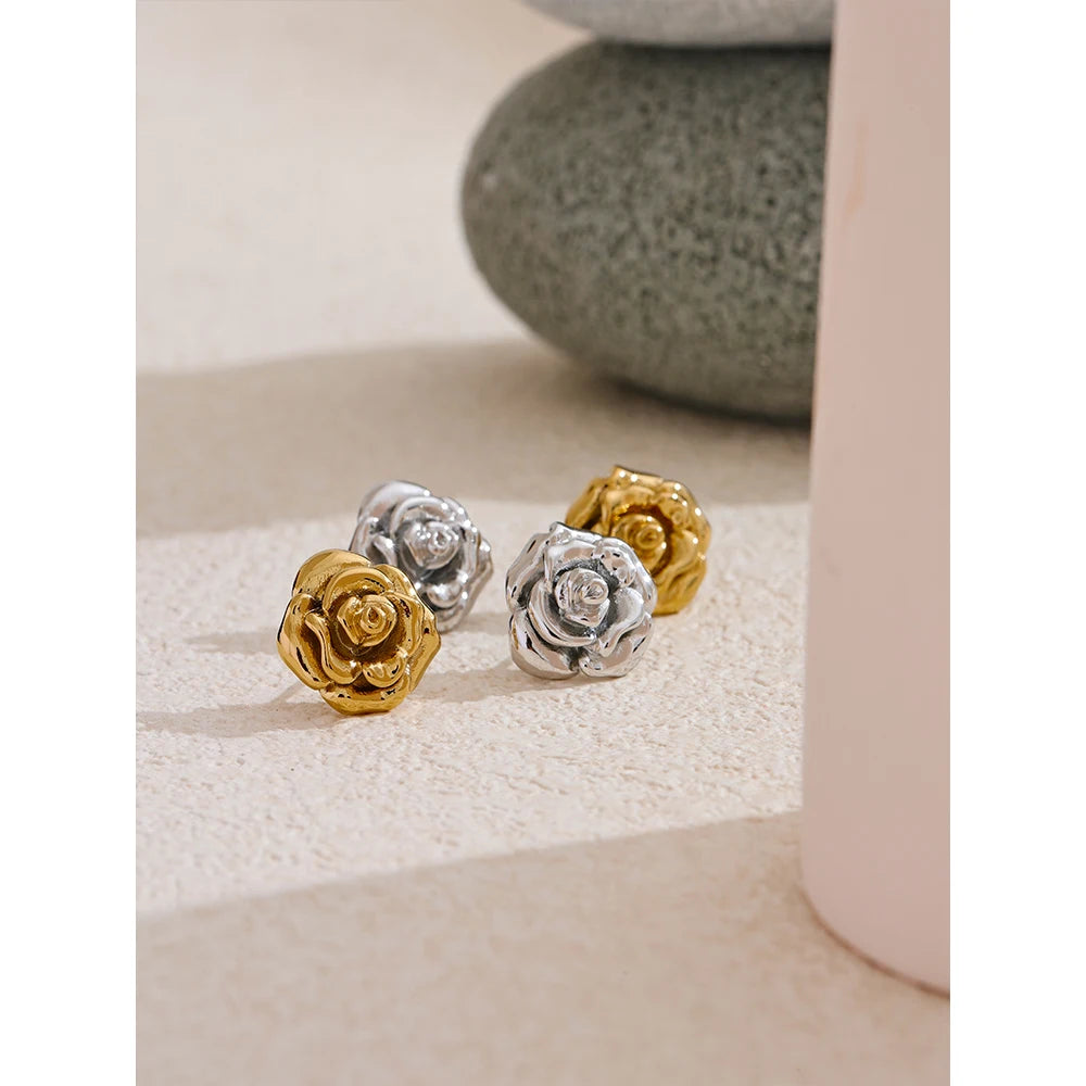 Water-Resistant 18K Gold Plated Rose Stud Earrings