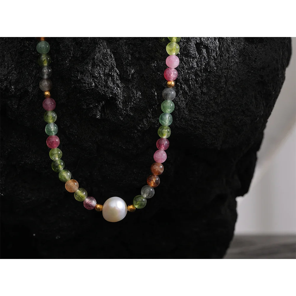 Chocker with Natural Stone Beads and Statement Pearl