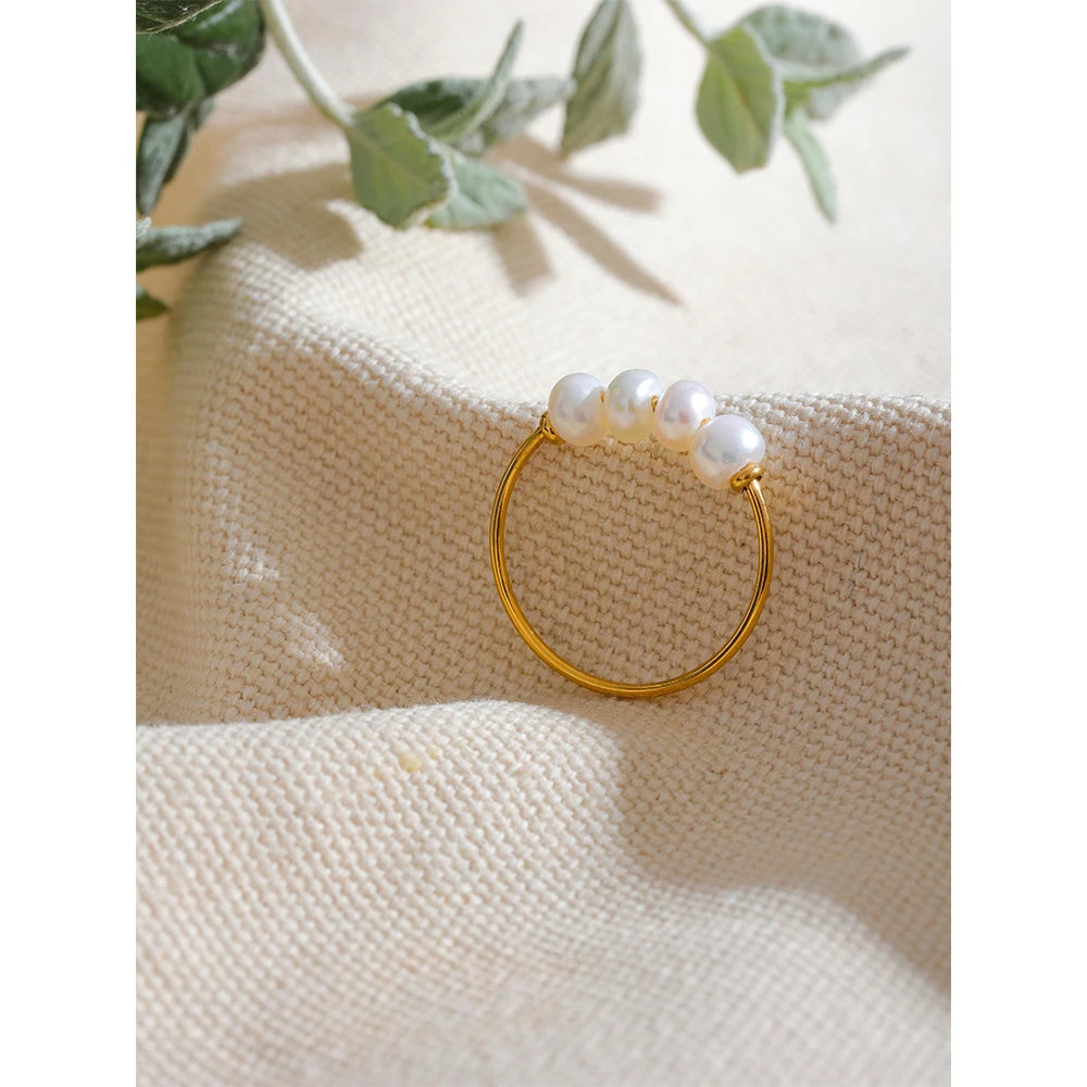 Water-Resistant 18K Gold Plated Ring with Natural Pearl Beads