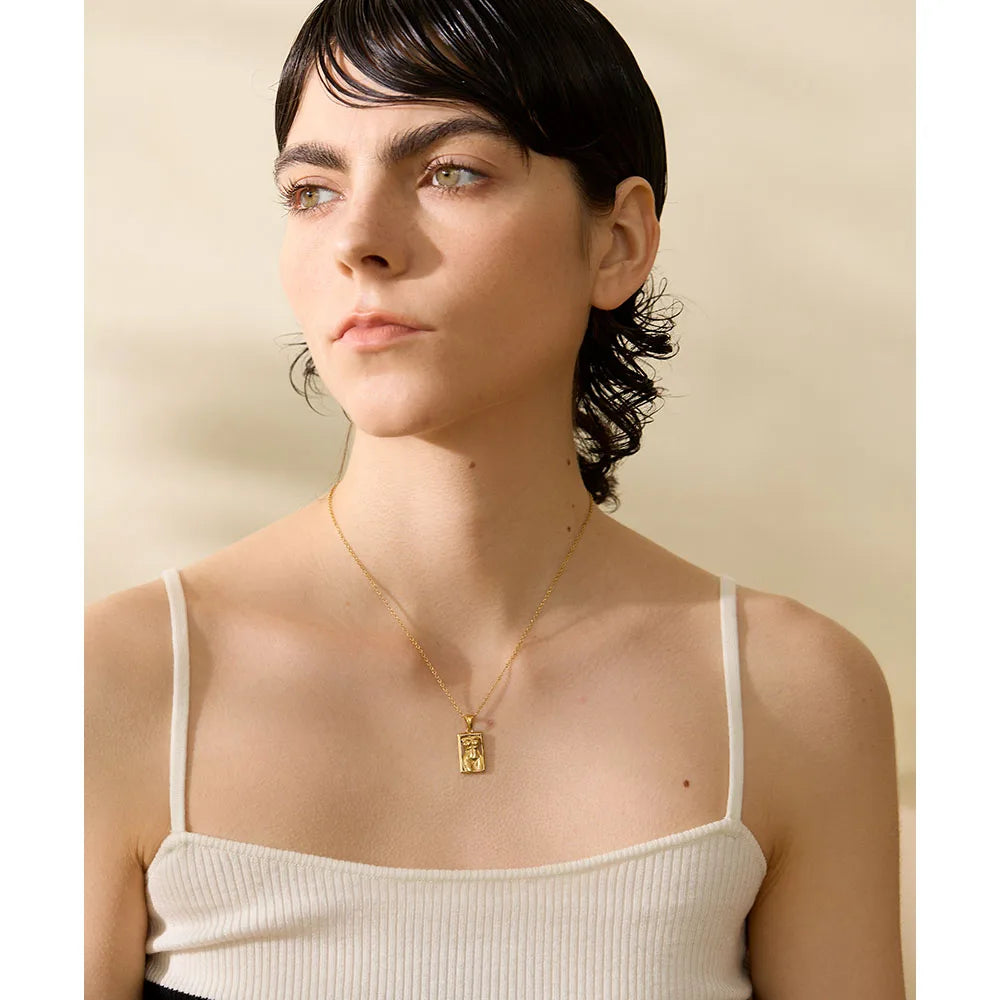 Water-Resistant 18K Gold Plated Necklace and Matched Hoop Earrings with Goddess Sculpture